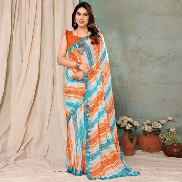 Orange & Sky Color Mirror Work Border Georgette Saree With Unstiched Blouse