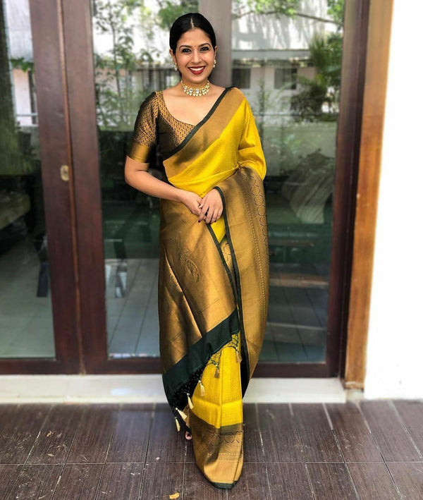 Yellow Soft Silk Saree With Gossamer Blouse Piece