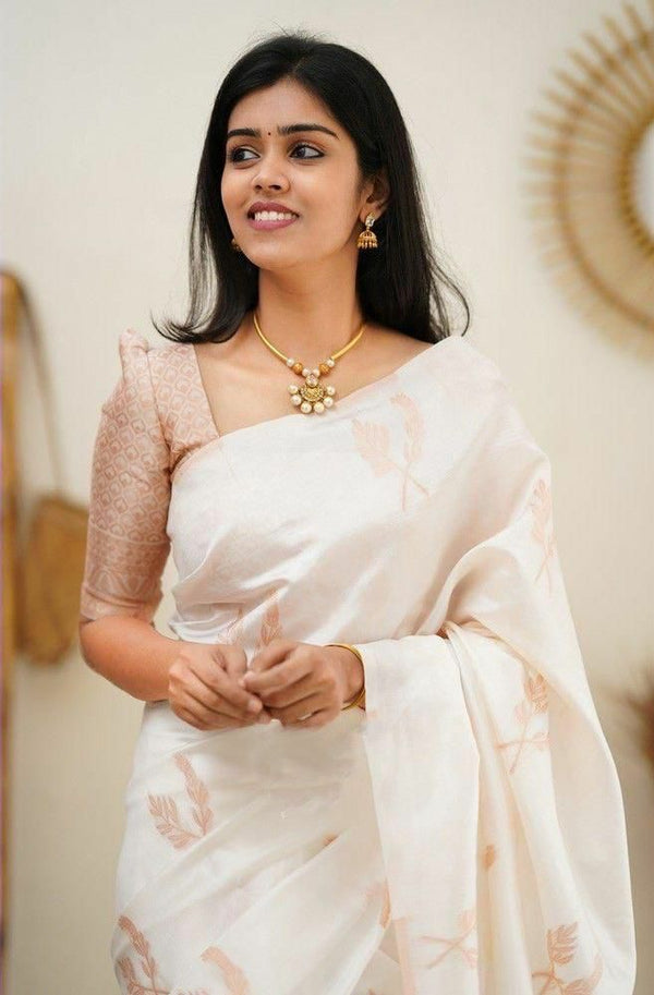 White Pure Kanjivaram Silk Saree With Blouse Piece