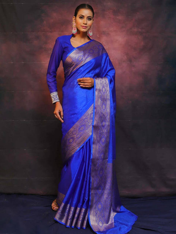 Royle Blue Color Banarasi Soft Semi Silk Saree With Blouse Piece