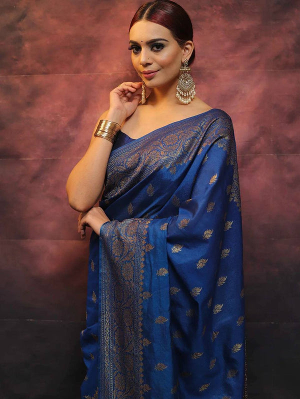 Blue Color Banarasi Lichi Silk With Antique Gold Zari Work Saree With Blouse Piece