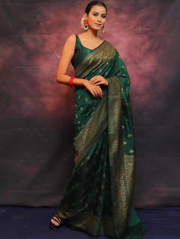 Dark Green Color Banarasi Lichi Silk With Antique Gold Zari Work Saree With Blouse Piece