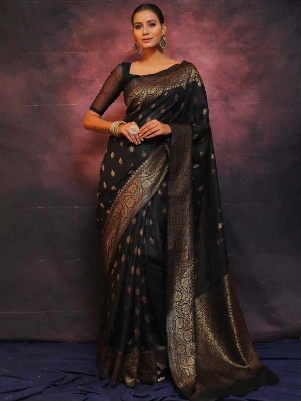 Black Color Banarasi Lichi Silk With Antique Gold Zari Work Saree With Blouse Piece