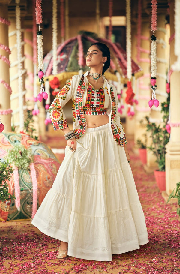 Navratri Special Pure Cotton Embroidered Lehenga, Blouse & Koti Set