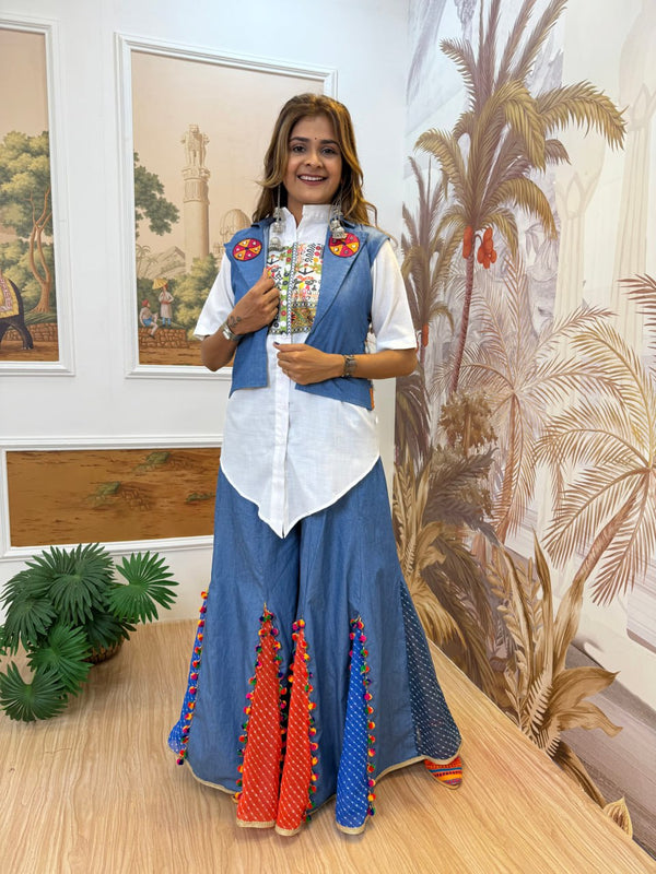 NEW STYLE DENIM JEANS PLAZZO, KOTI & SHIRT WITH EMBROIDERY WORK AND KODI LACE SET