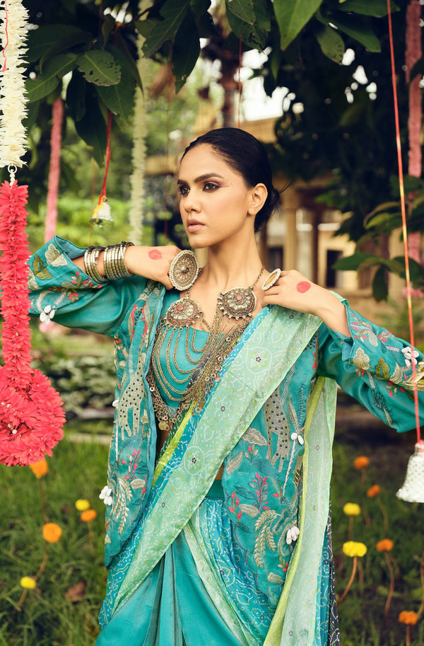 NEW TRENDING INDO-WESTERN READY TO WEAR SAREE WITH FULLY EMBROIDERED KOTI ON  SHIMMER FABRIC WITH STITCH BLOUSE