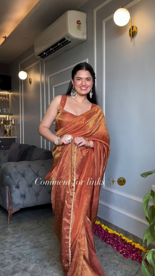 New Orange color Tissue Silk Saree With Blouse