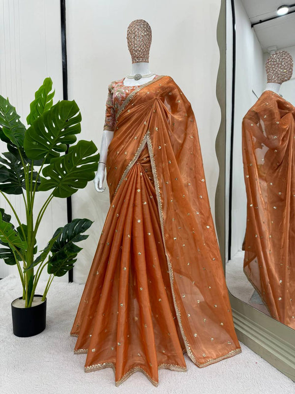 New Orange Color Jimmy Chu Fancy Designer Saree With Unstitched Blouse